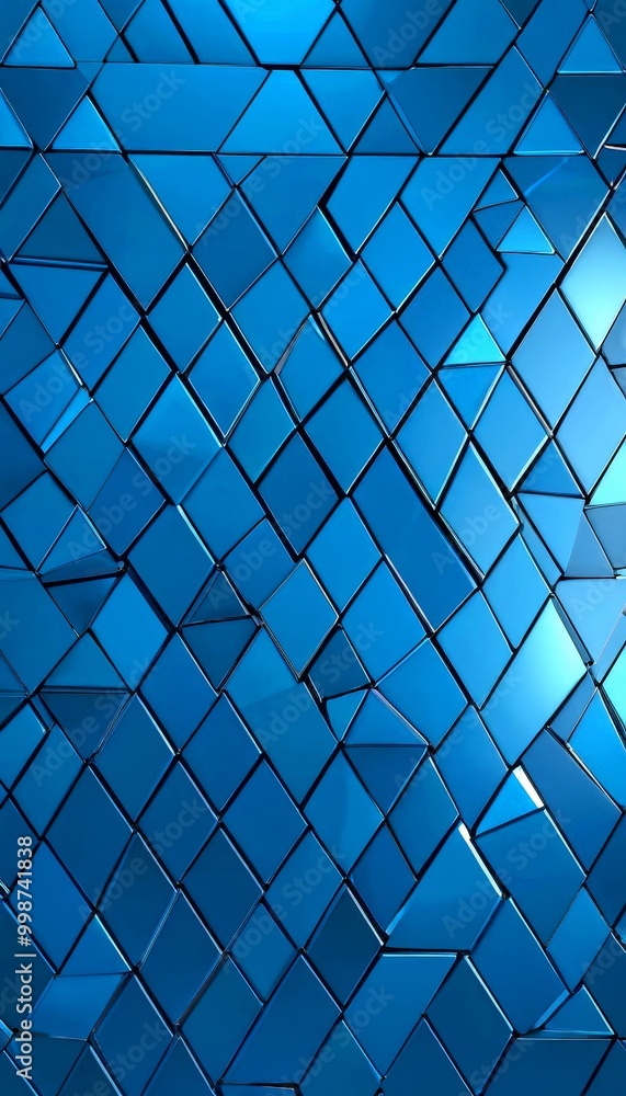 Poster a blue geometric pattern composed of numerous triangular shapes, arranged in a diagonal grid-like fashion The color scheme is predominantly blue,