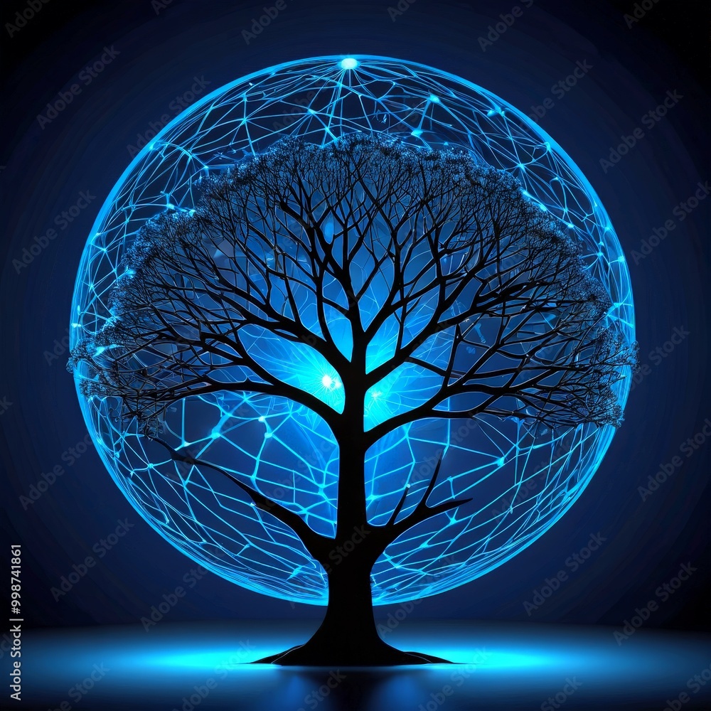 Poster a tree with a network of branches and leaves, encased within a glowing blue sphere The tree is positioned centrally, with the sphere enveloping it from all sides, creating