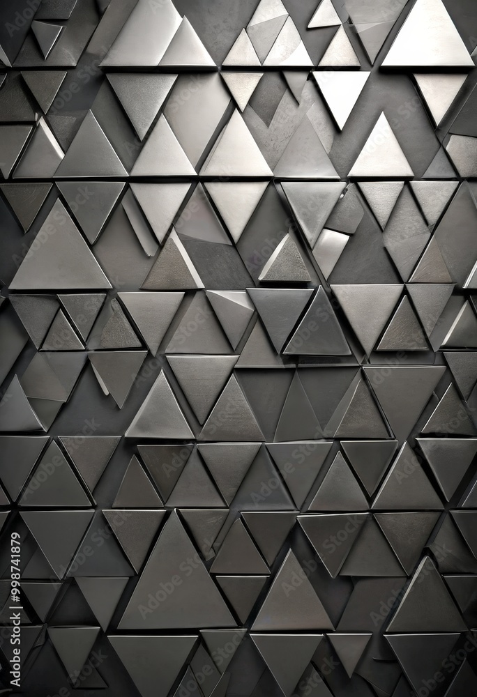 Poster a close-up view dark gray, geometric pattern composed of numerous triangular shapes arranged in a repeating pattern