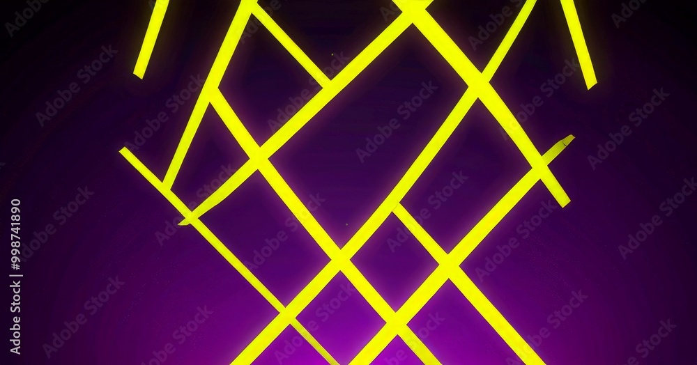 Poster a striking abstract composition of intersecting yellow lines against a deep purple background, creating a sense of depth and movement