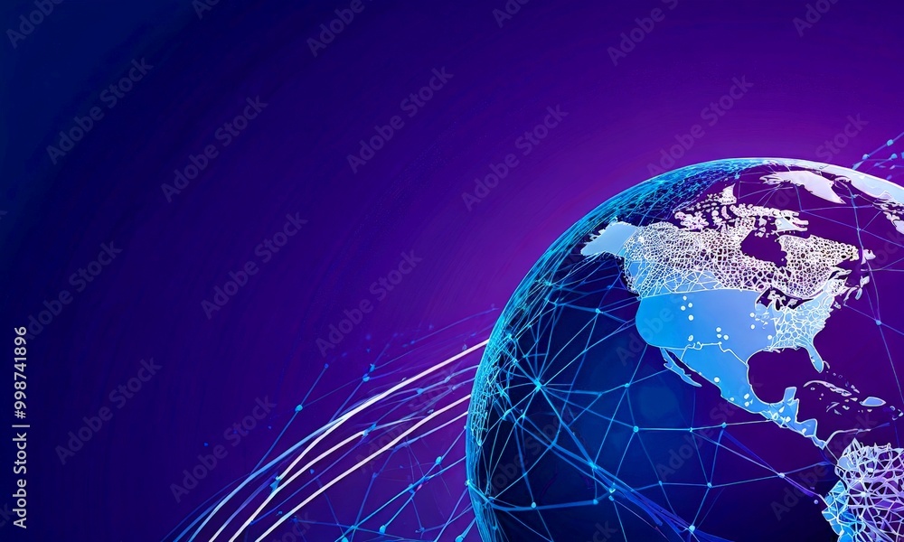 Aufkleber a digital illustration globe, with a network of interconnected lines and dots representing the global web The globe is set against a gradient