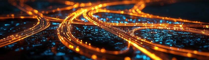 Abstract road design with multiple decision points, central infrastructure concept, glowing geometric shapes representing modern urban paths,