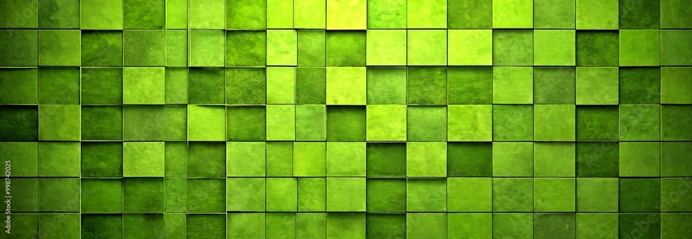 Fototapete a grid of square tiles in a vibrant green color, arranged in a uniform pattern The tiles are slightly overlapping, creating a sense of depth and texture The does