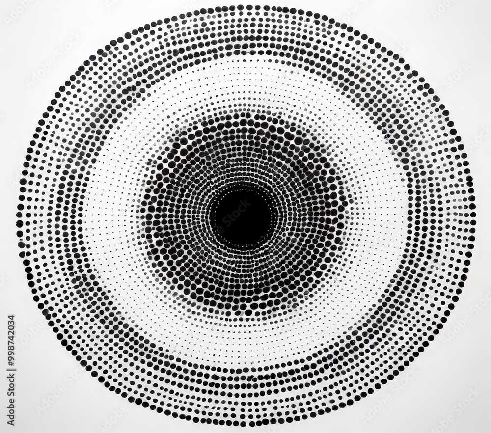 Poster a black and white abstract artwork composed of concentric circles, with a central black circle surrounded by a ring of smaller circles