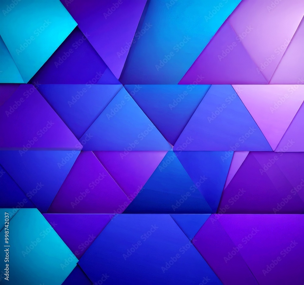 Poster a vibrant geometric pattern composed of overlapping triangles in various shades of blue and purple, creating a visually striking and abstract design