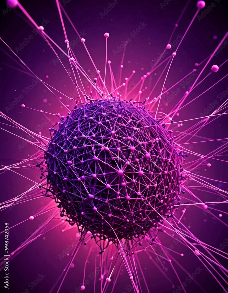 Poster a spherical object composed of numerous interconnected lines and dots, creating a complex network of connections against a dark purple background