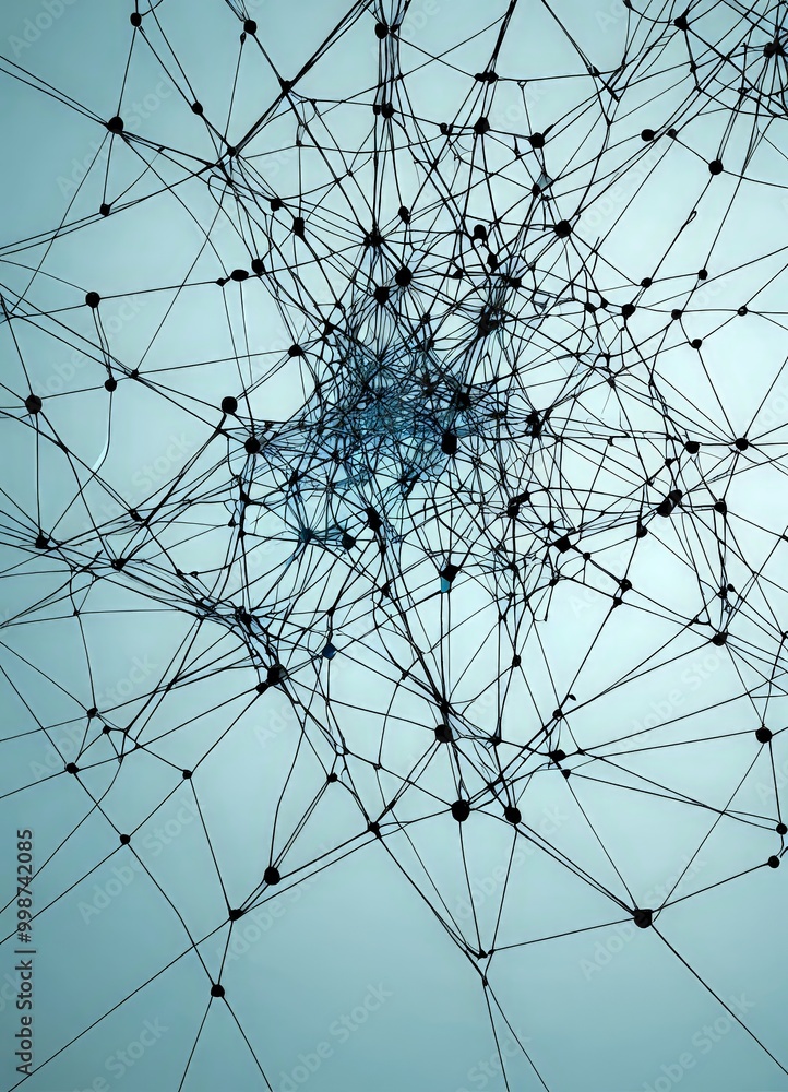 Aufkleber a complex network of interconnected black lines and dots, resembling a web or a web-like structure, against a light blue background