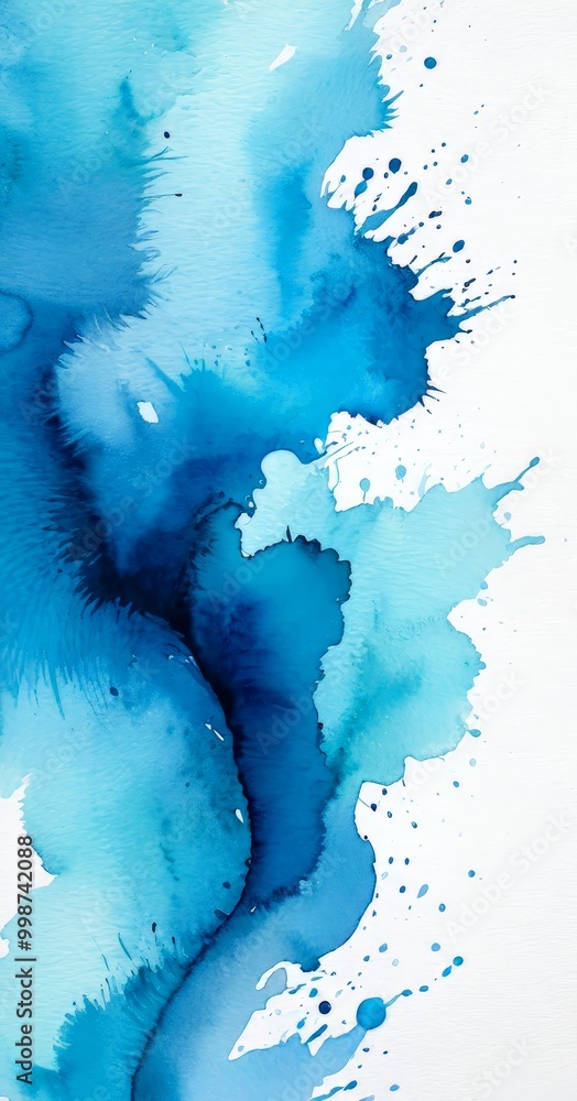 Poster an abstract watercolor painting featuring a vibrant blue color palette with splashes of white and black, creating a dynamic and expressive composition