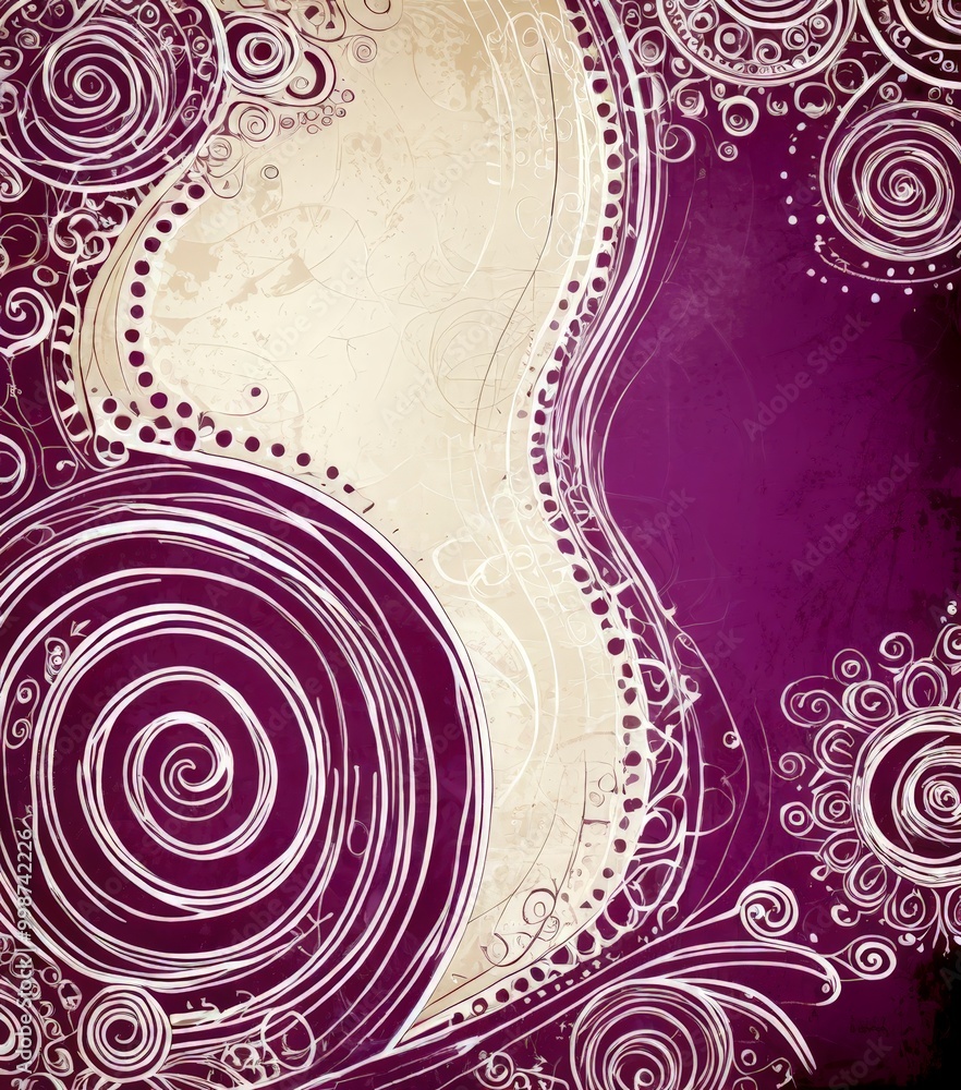 Poster a purple and beige abstract background with a central white spiral design and a curved line pattern on the right side