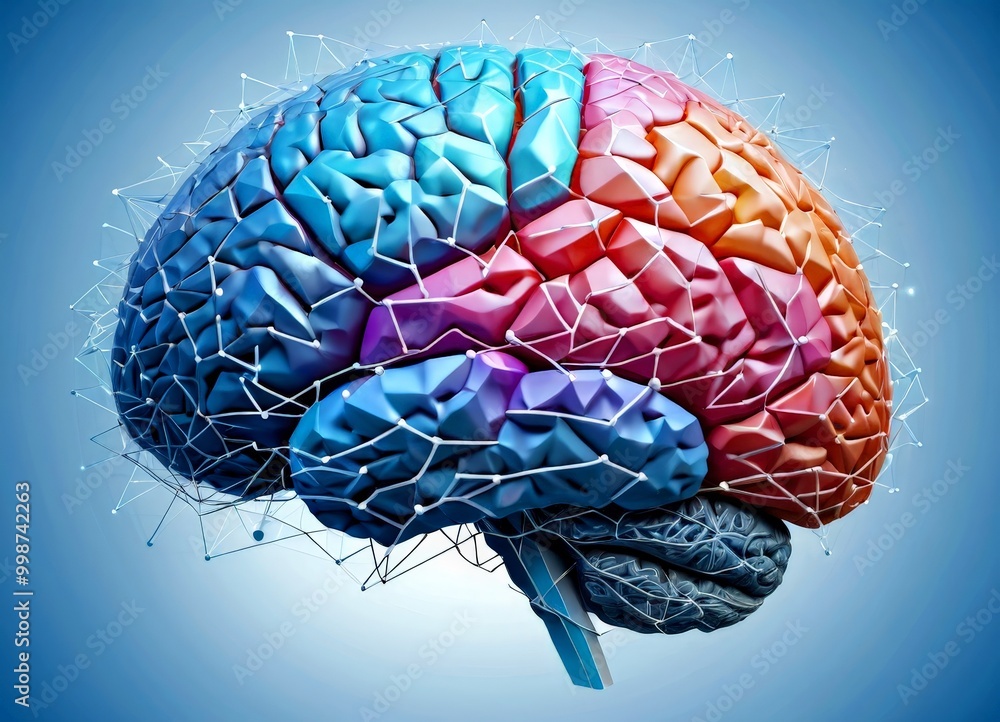 Aufkleber a brain, with its left and right hemispheres represented by distinct colors and patterns the left he