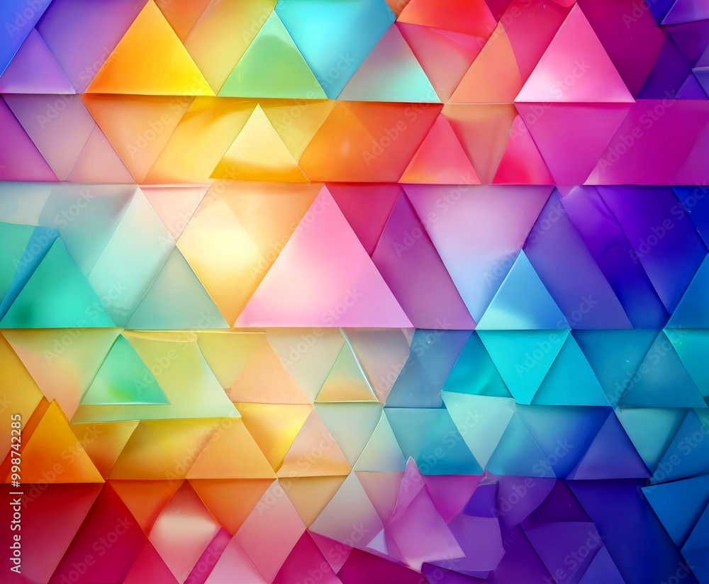 Poster a vibrant and abstract pattern composed of overlapping triangular shapes in various shades of pink, orange, yellow, green, blue, and purple