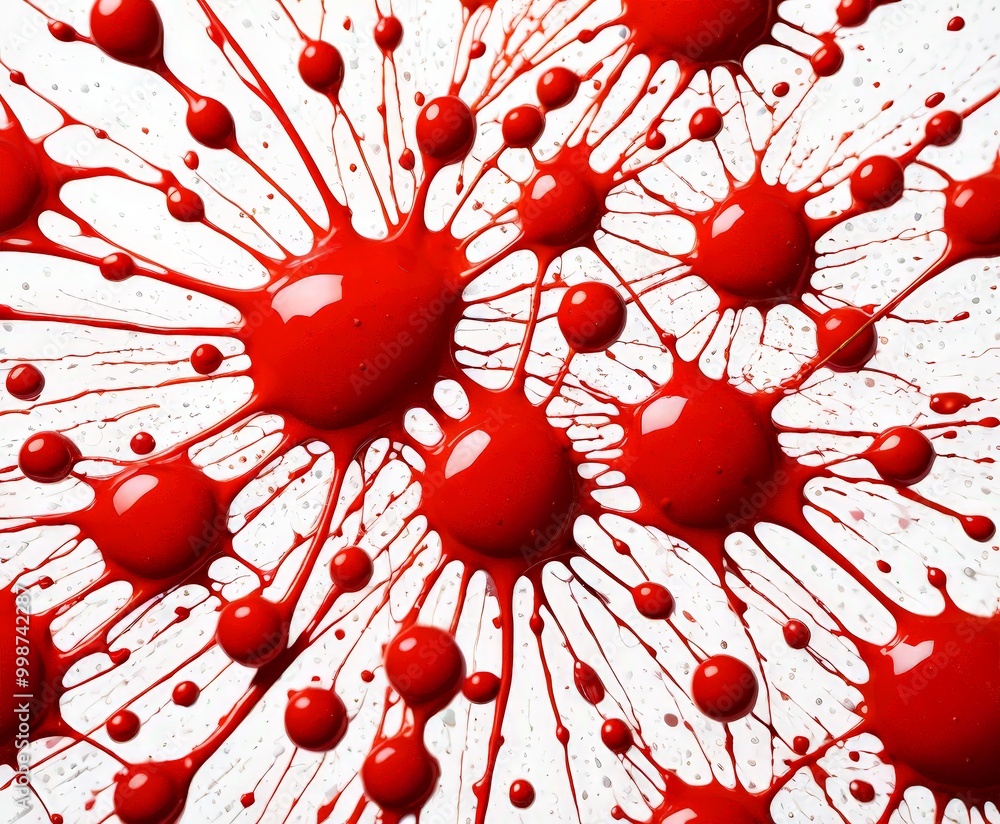 Poster a close-up view of a red paint splatter on a white background. The splatter consists of numerous small red dots, some of which are larger and more prominent, while others
