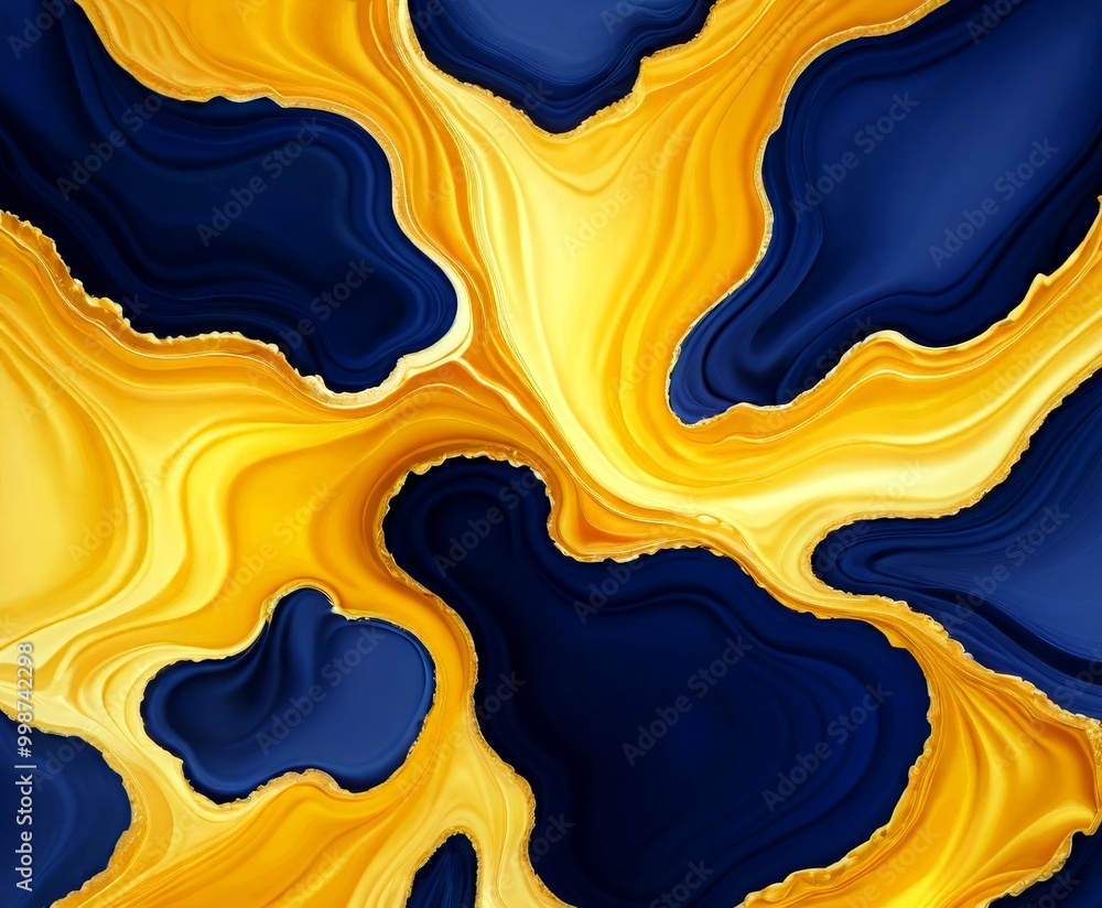 Poster a striking abstract pattern composed of swirling, fluid shapes in shades of blue and yellow, creatin