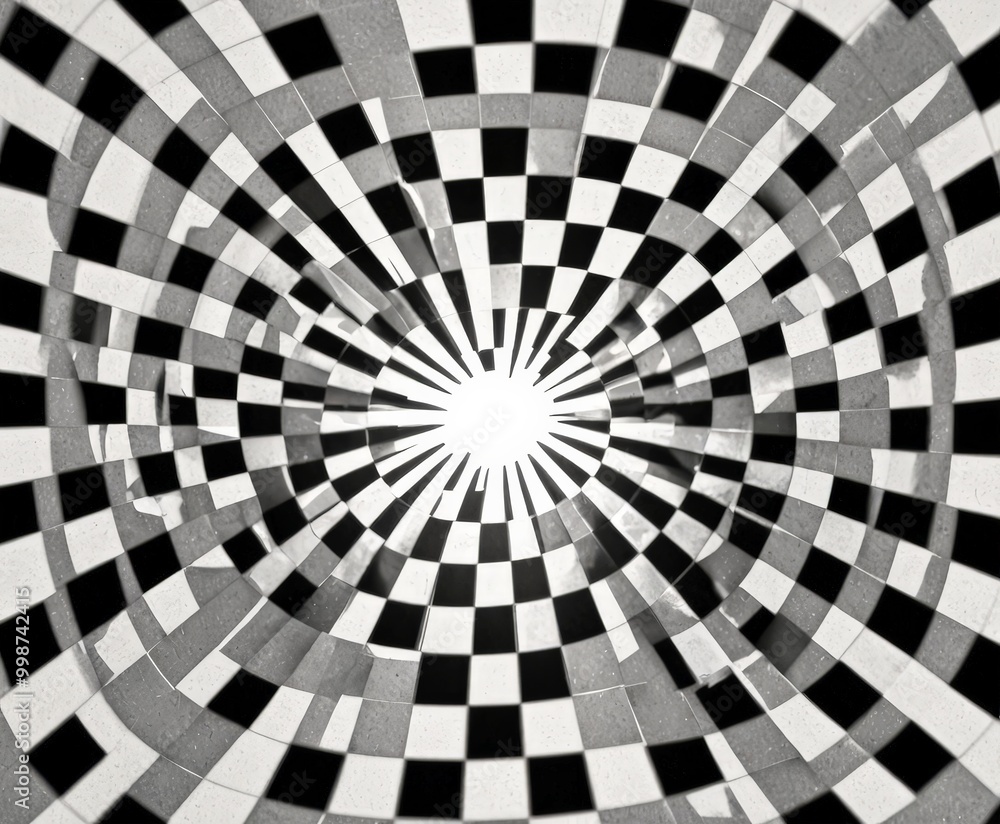 Aufkleber a black and white photograph spiral pattern composed of square tiles arranged in a radial design The central point of the spiral is a bright light