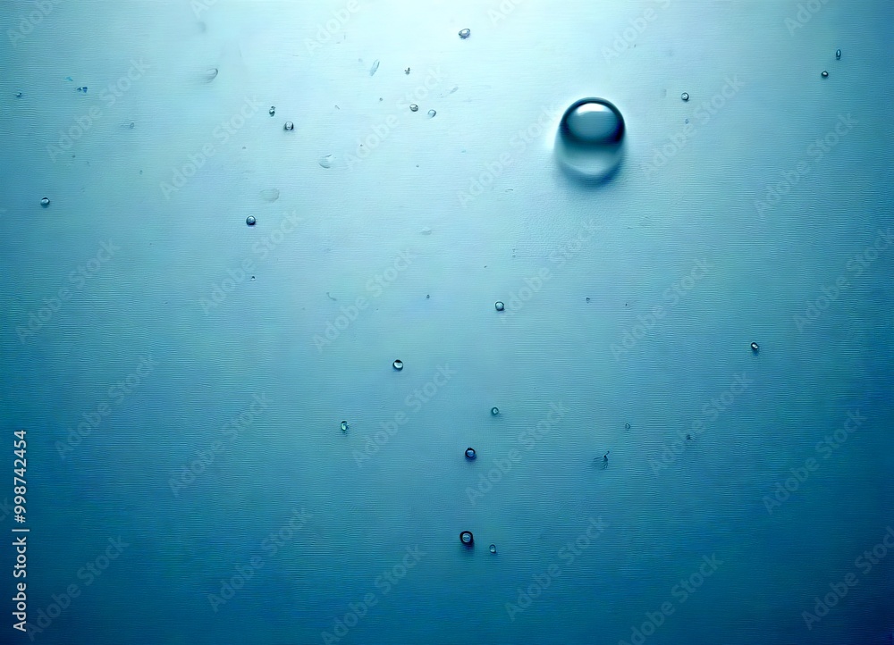 Poster a single water droplet rests on a light blue surface, surrounded by numerous smaller droplets, creat