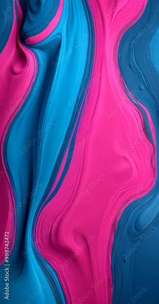 Poster a vibrant abstract composition of swirling, fluid lines in shades of blue and pink, creating a dynam