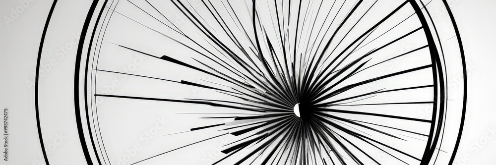 Poster a close-up view black and white abstract design composed of radiating lines and shapes, creating a sense of movement and energy