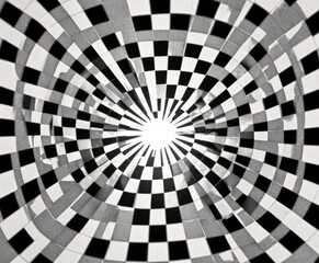 a black and white photograph spiral pattern composed of square tiles arranged in a radial design The central point of the spiral is a bright light