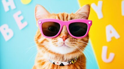 Cool Cat Wearing Sunglasses and Looking at the Camera in Front of a Yellow and Blue Background