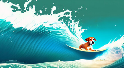 Dog with surfboard surfing on the huge blue  ocean wave 