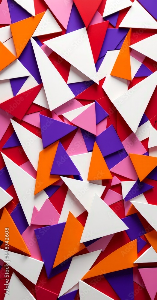 Poster a vibrant and abstract composition of overlapping triangles in various shades of red, white, and purple, creating a dynamic and visually striking pattern