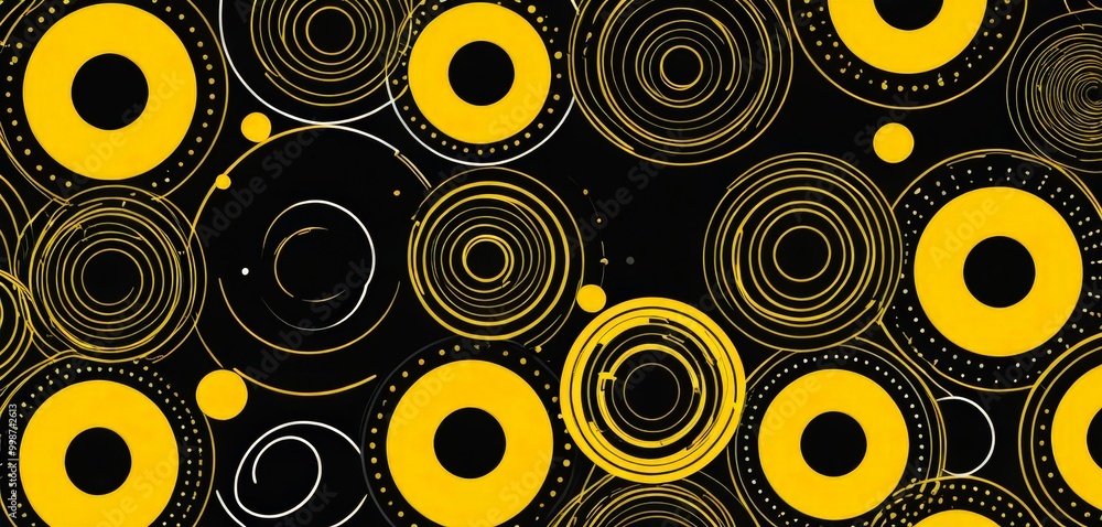 Poster a repeating pattern of black and yellow circles, with some circles appearing larger and more prominent than others, creating a sense of depth and complexity
