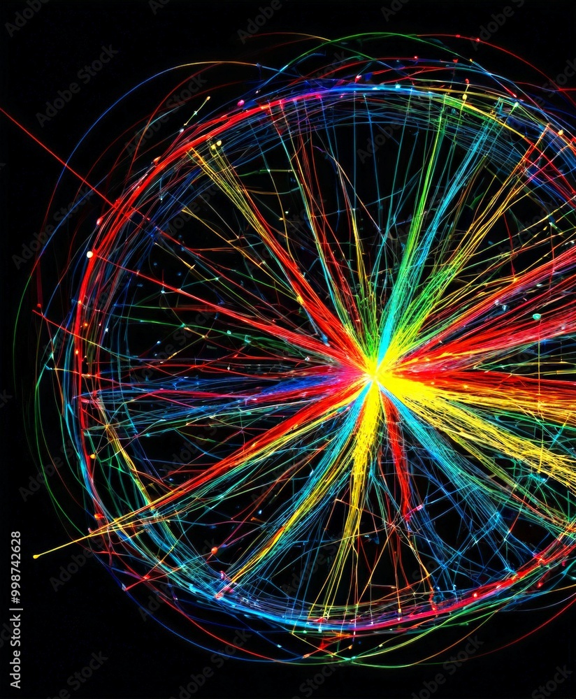 Poster a vibrant, abstract representation starburst pattern, with a multitude of colorful lines and dots radiating outward from a central point, creating a visually striking