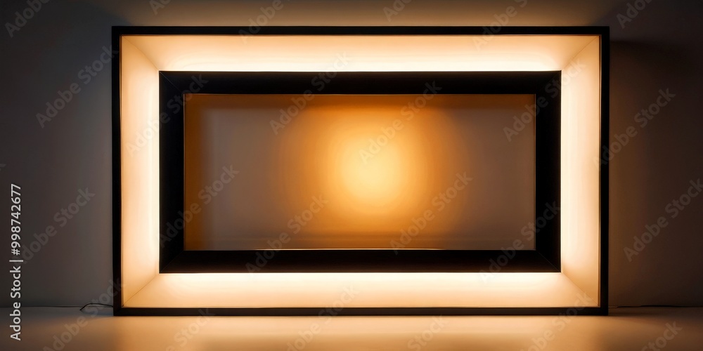Leinwandbilder A minimalist black and white rectangular frame with a warm yellow light shining through, casting a soft glow on the surface below
