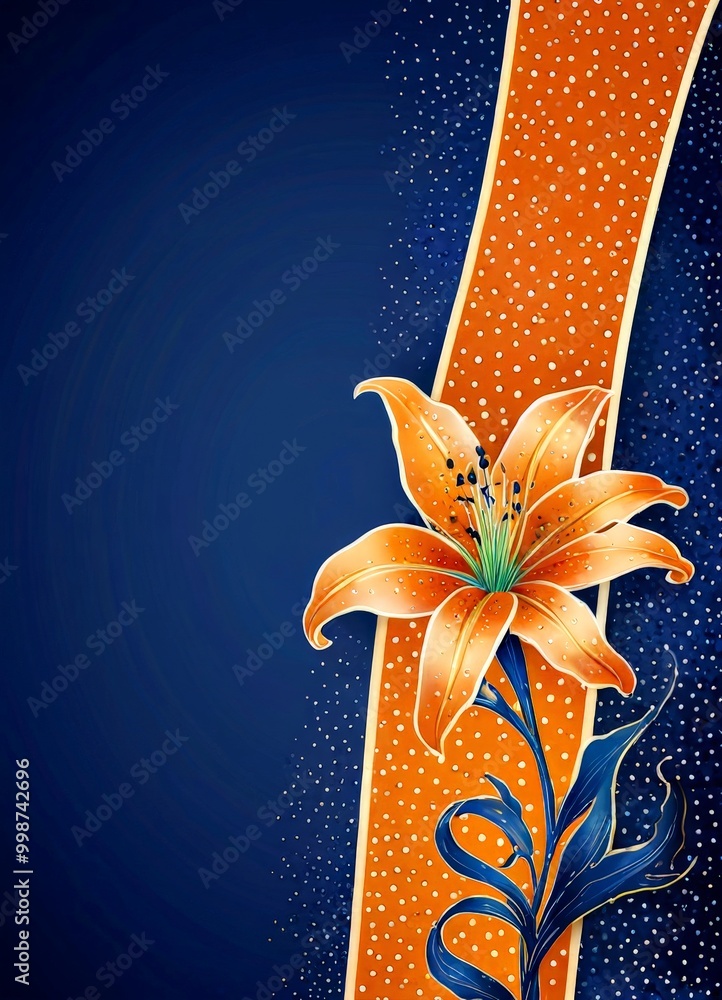 Poster a vibrant orange lily flower with six petals, standing out against a dark blue background adorned wi