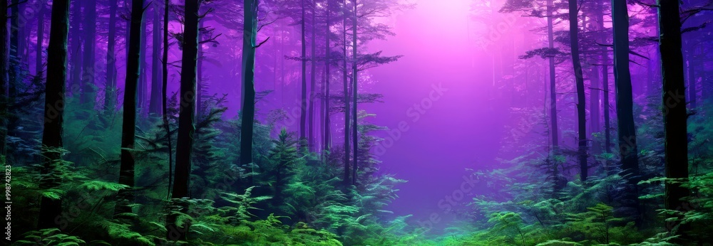 Aufkleber a mystical forest scene with tall trees and a purple glow, creating an ethereal atmosphere