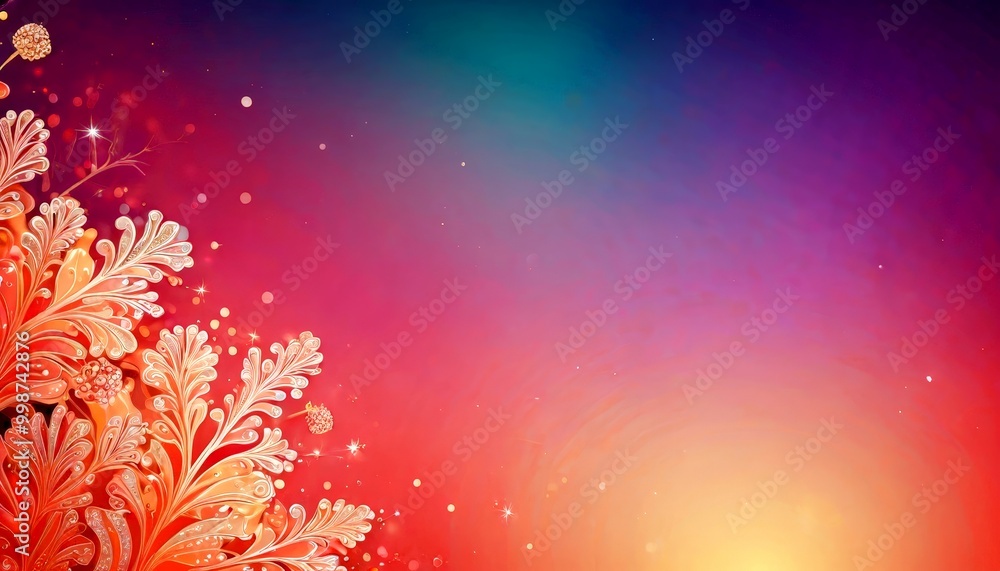 Poster a vibrant, abstract floral pattern with intricate designs and sparkling elements against a gradient 