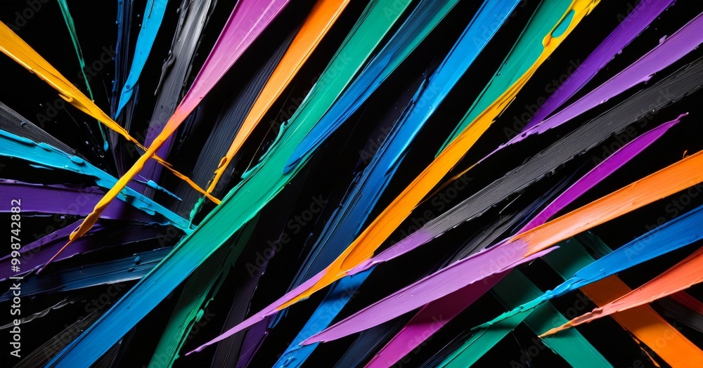 Poster a vibrant abstract composition of intersecting lines in various colors, including blue, green, orang