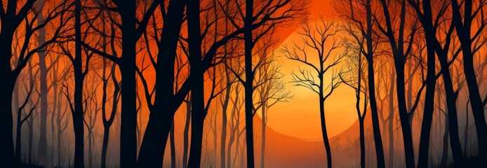 Fototapeta premium A digital illustration forest at sunset, featuring silhouetted trees against a warm orange and red sky
