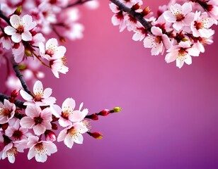 a close-up view of cherry blossoms in full bloom, with delicate pink petals and vibrant red centers, set against a gradient purple background