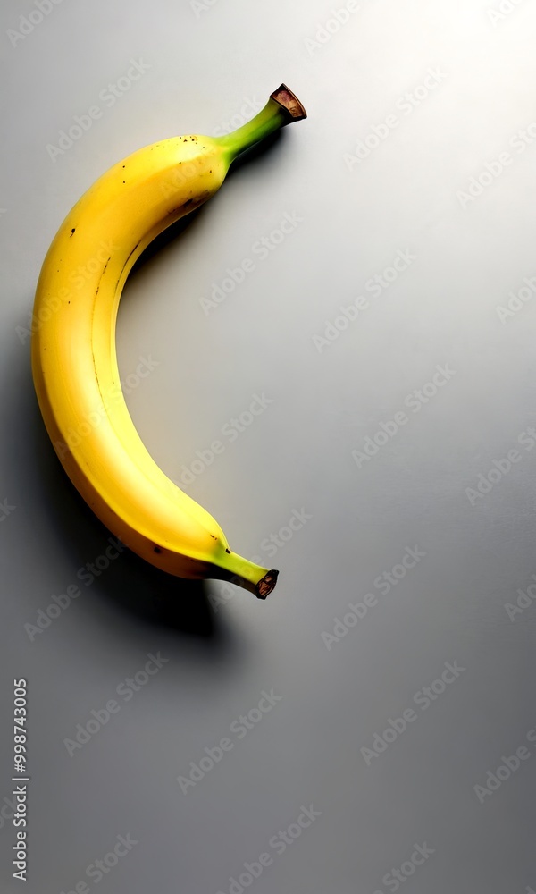 Poster a ripe banana with a green stem rests on a gray background, its curved shape and vibrant yellow colo