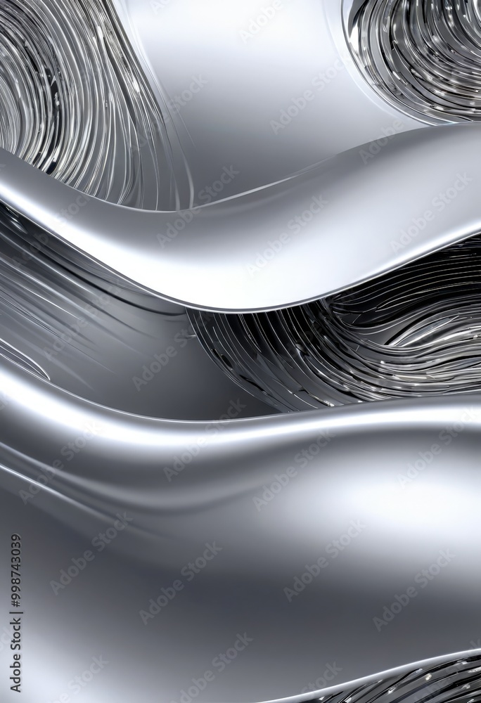 Poster a close-up view metallic surface with a shiny, reflective texture The metallic surface exhibits a wave-like pattern, with a gradient of silver and black tones The