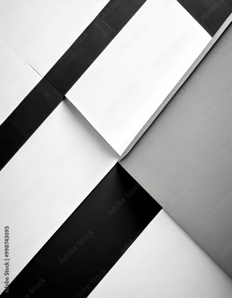 Poster a black and white abstract composition featuring intersecting diagonal lines and rectangles, creating a sense of depth and perspective