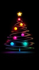 minimalist vector Christmas tree, build from big different color lights, black background ratio smartphone size 9:16