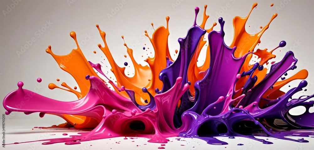Poster a splash of vibrant paint in shades of orange, purple, and pink, with splashes and drips creating a 