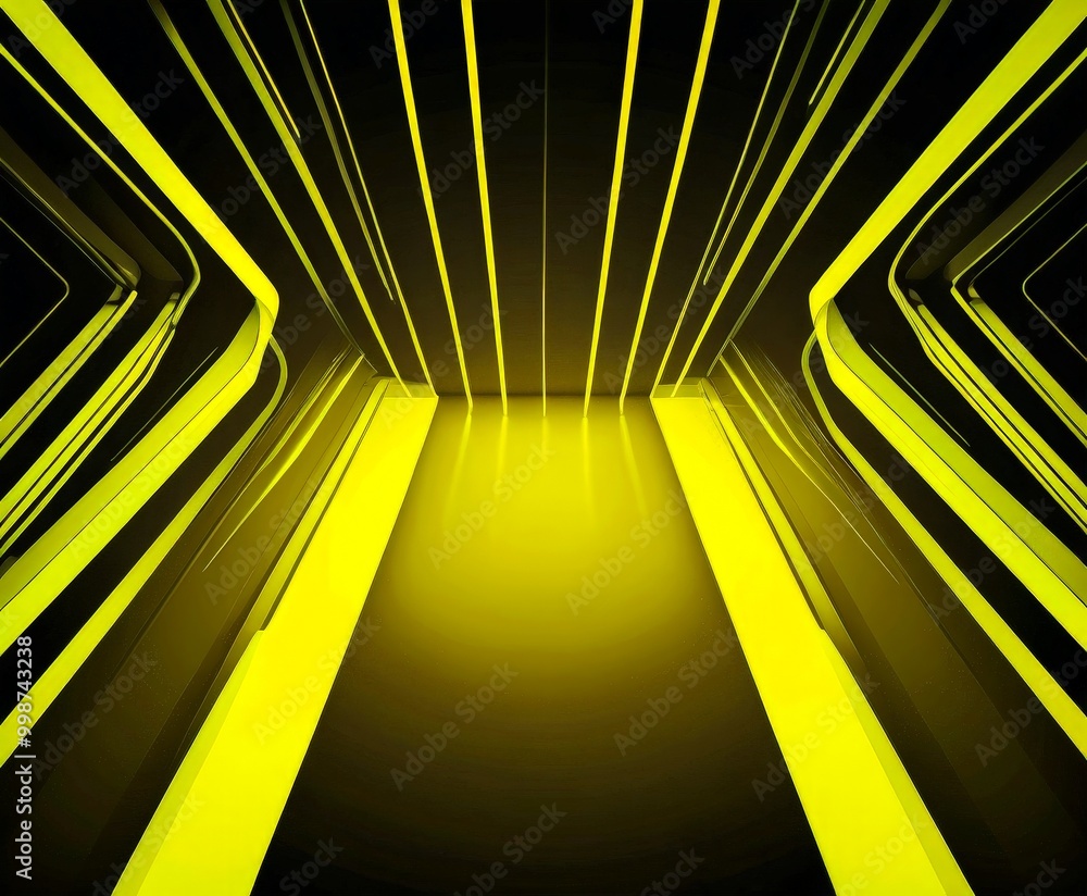 Poster a futuristic corridor with a gradient of yellow and black the corridor features a central doorway fl