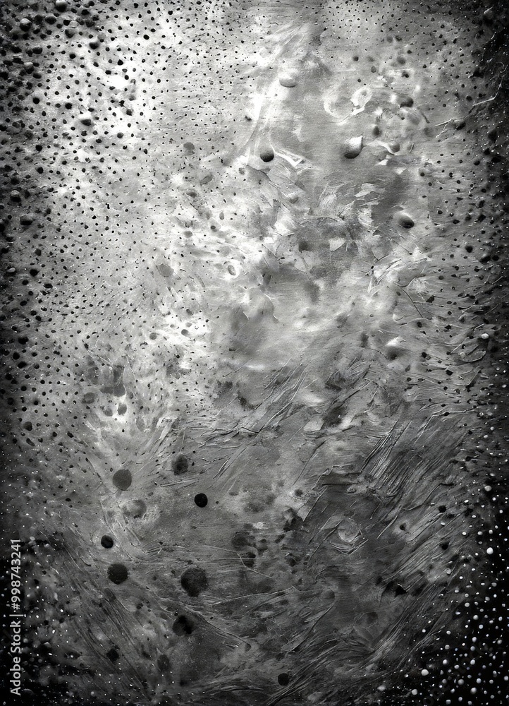 Poster a black and white photograph textured surface with a pattern of small holes or dots, creating a sense of depth and texture