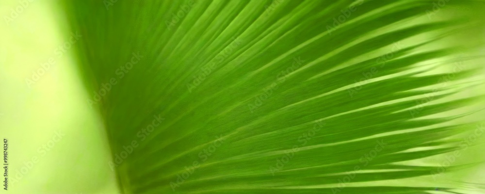 Poster a close-up view green leaf with a fan-like shape, with the leaf's edges blurred to create a sense of depth and movement