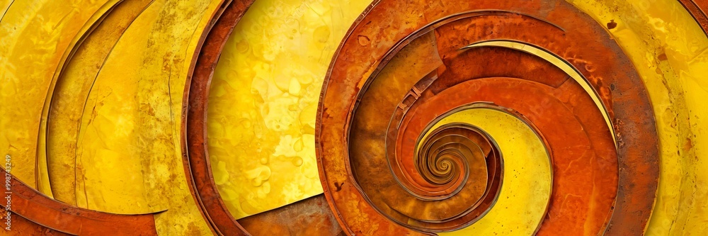 Poster a spiral pattern composed of overlapping circles in various shades of yellow and orange, creating a visually striking and abstract design