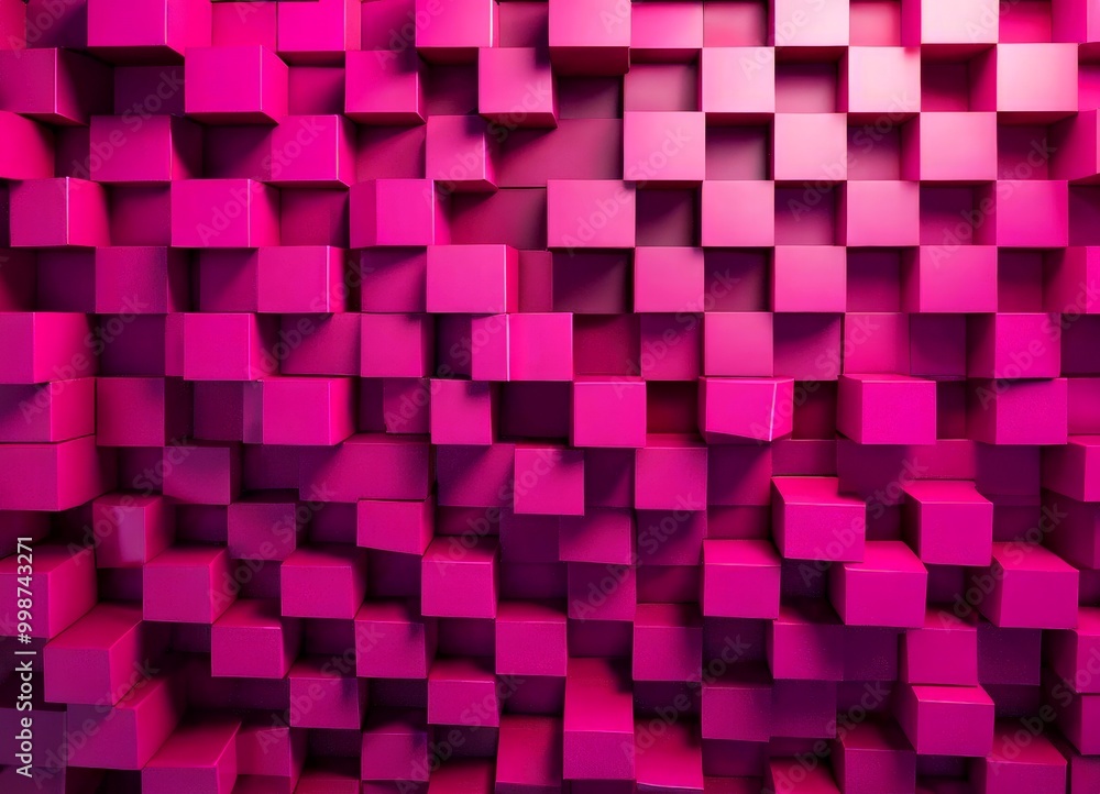 Poster a 3d of a pink cube wall, composed of numerous identical cubes arranged in a grid-like pattern, crea