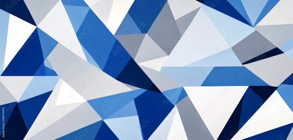 Poster a geometric pattern composed of numerous triangular shapes in various shades of blue, white, and gray, arranged in a random and overlapping manner