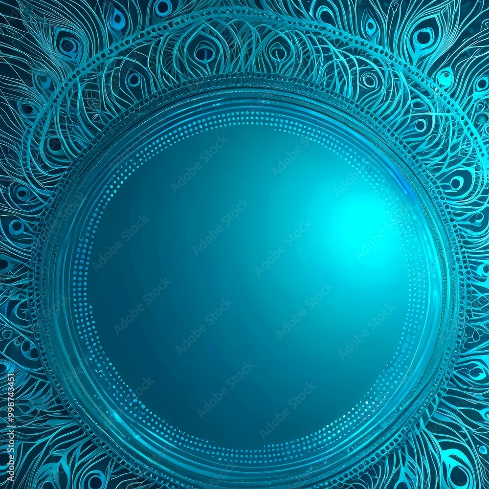 Poster a circular design with a dark blue background and a pattern of peacock feathers The design has a gradient effect, transitioning from a lighter shade at the top to a darker one