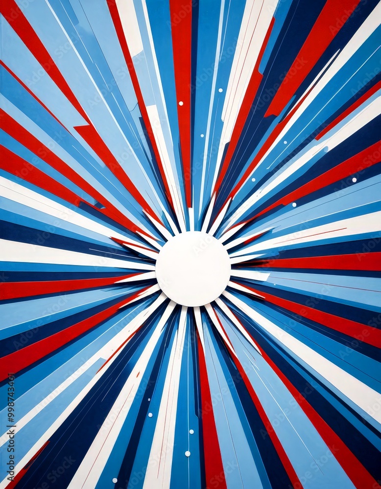 Poster a vibrant abstract composition with a central white circle surrounded by radiating lines in red, white, and blue. The lines are arranged in a radial pattern, creating a sense