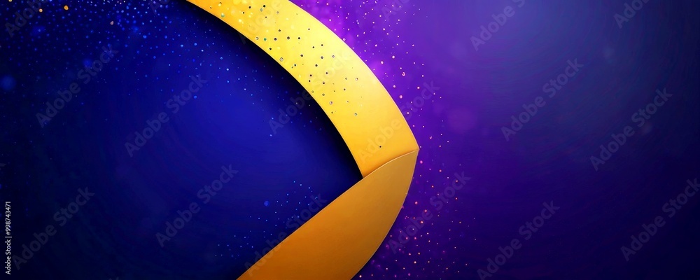 Poster a vibrant abstract composition with a curved yellow line and scattered gold dots against a deep blue background, creating a sense of movement and dynamism