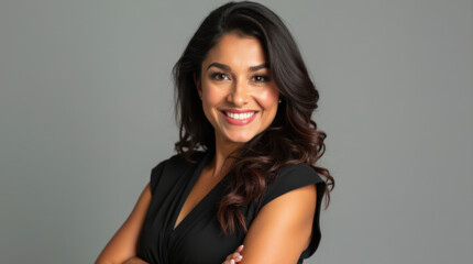 Fototapeta premium Confident Hispanic Woman Professional Headshot: Vibrant Portrait of Successful Business Women in Natural Light Setting