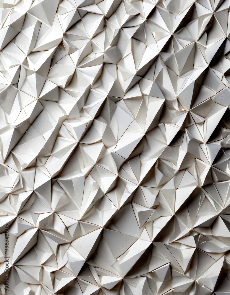 Poster a close-up view white paper sculpture with a geometric pattern of overlapping triangular shapes, creating a textured and visually striking surface